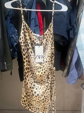 Zara Leopard-Print Satin Slip Dress in Tan and Black